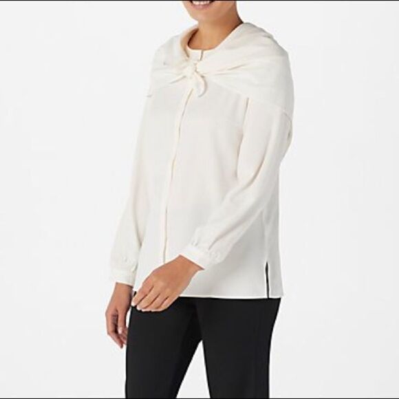 Linea Louis Dell'Olio Crew-Neck Buton Blouse Scarf - Picture 2 of 7